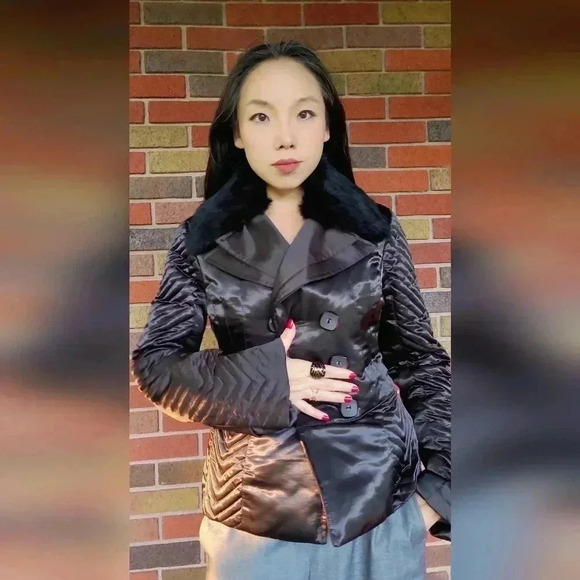 Bebe black Satin Quilted Pea Coat with fur collar Women's Size S - Picture 13 of 17